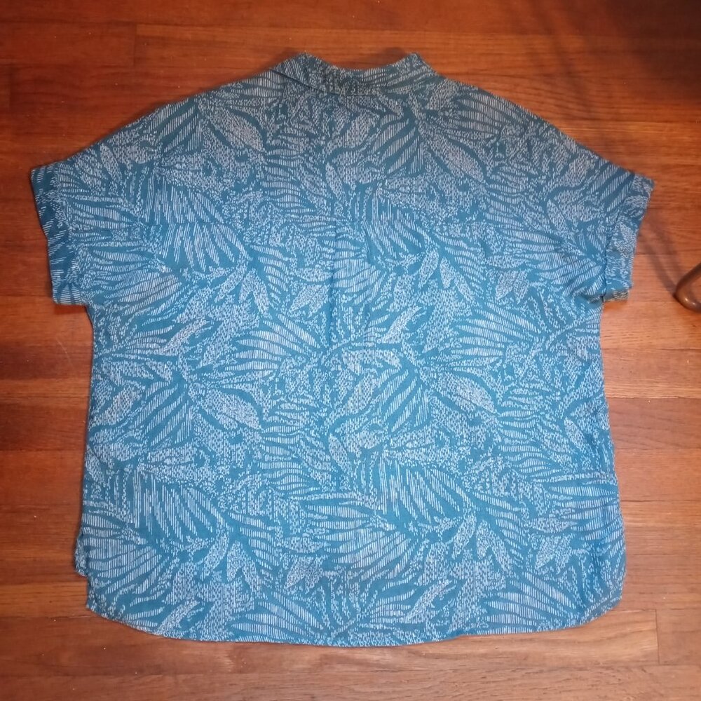 Sigrid Olsen 100% Linen Teal Printed Button Down … - image 2